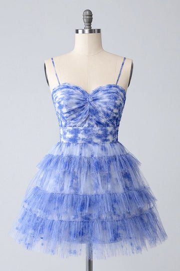 Blue Printed A-Line Tiered Homecoming Dress with Ruffles